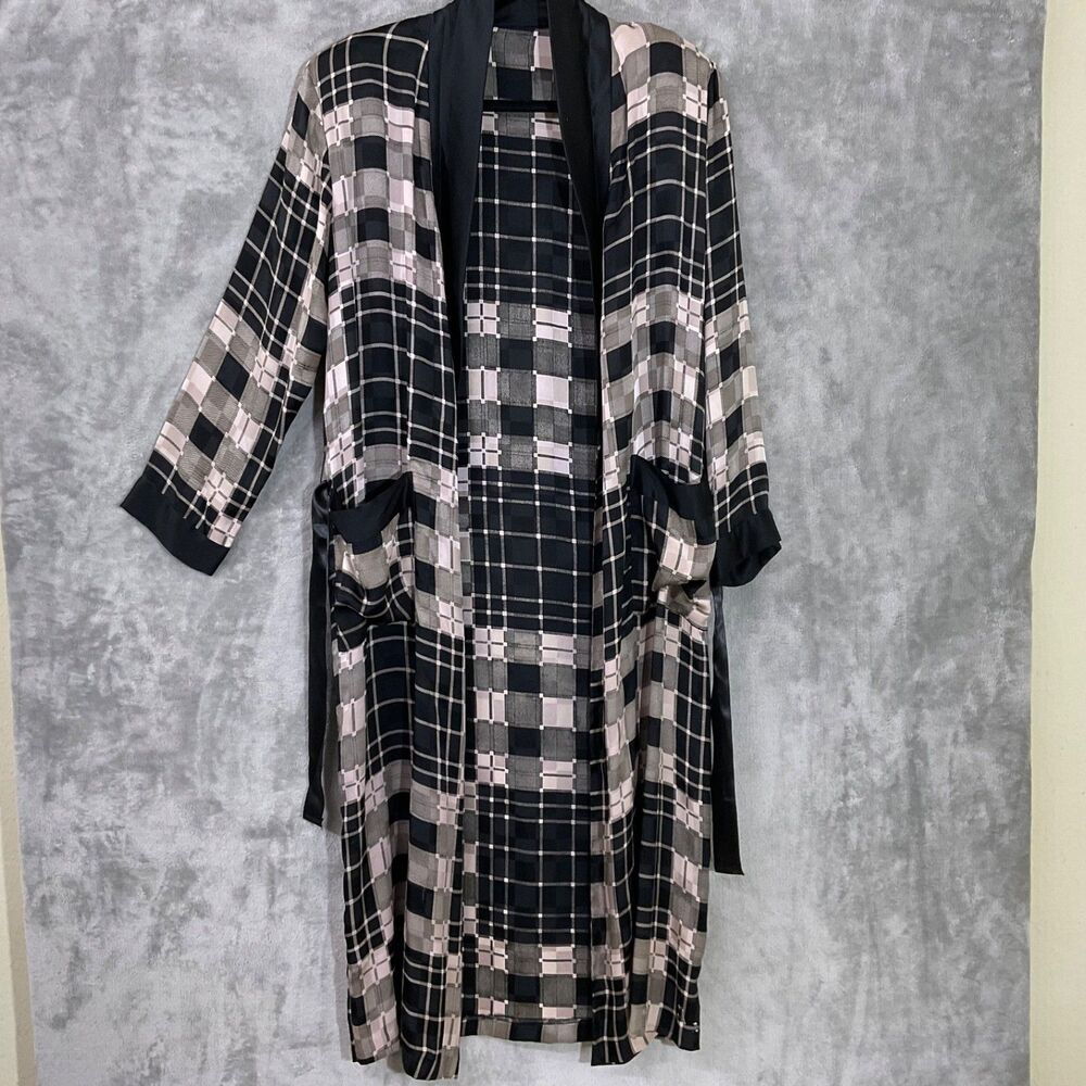 Vintage 1980s Sakowitz 100% Silk Plaid Robe Sz. S Luxury Dept Store Lounge robe